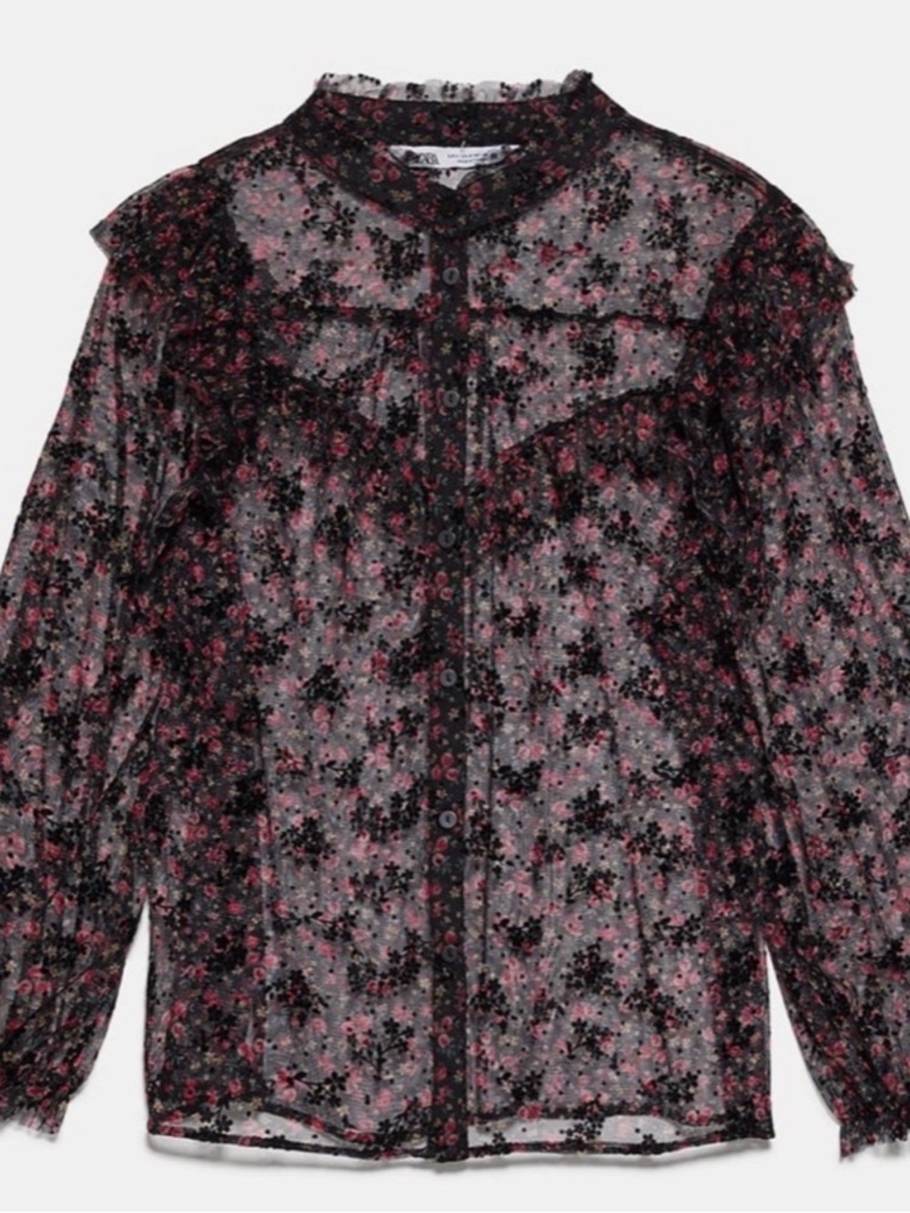 Zara Black and Pink Sheer Floral Button-Front Blouse